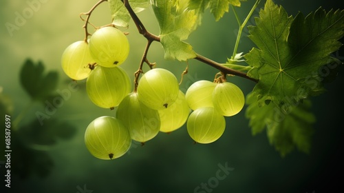  a bunch of green grapes hanging from a vine with green leaves on a dark green background with a green boke of light coming from the top of the branch.