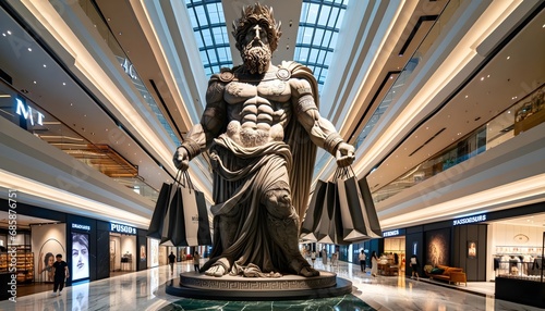 Greek statue with shopping bags in its hands, Shopping Mall, Big sales concept 