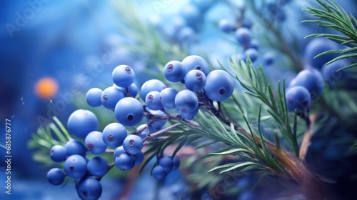  a close up of a bunch of blue berries on a tree branch with green leaves and a blurry background of blue water and blue sky in the foreground.