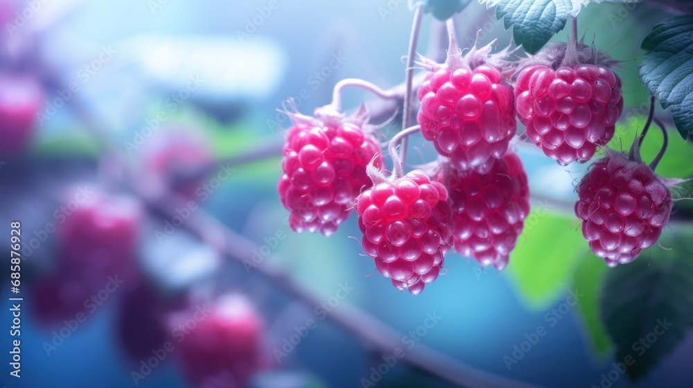 a bunch of raspberries hanging from a branch with green leaves on a blurry background of blue sky and green leaves in the foreground of a blurry image. a bunch of raspberries hanging from a branch with green leaves on a blurry background of blue sky and green leaves in the foreground of a blurry image.