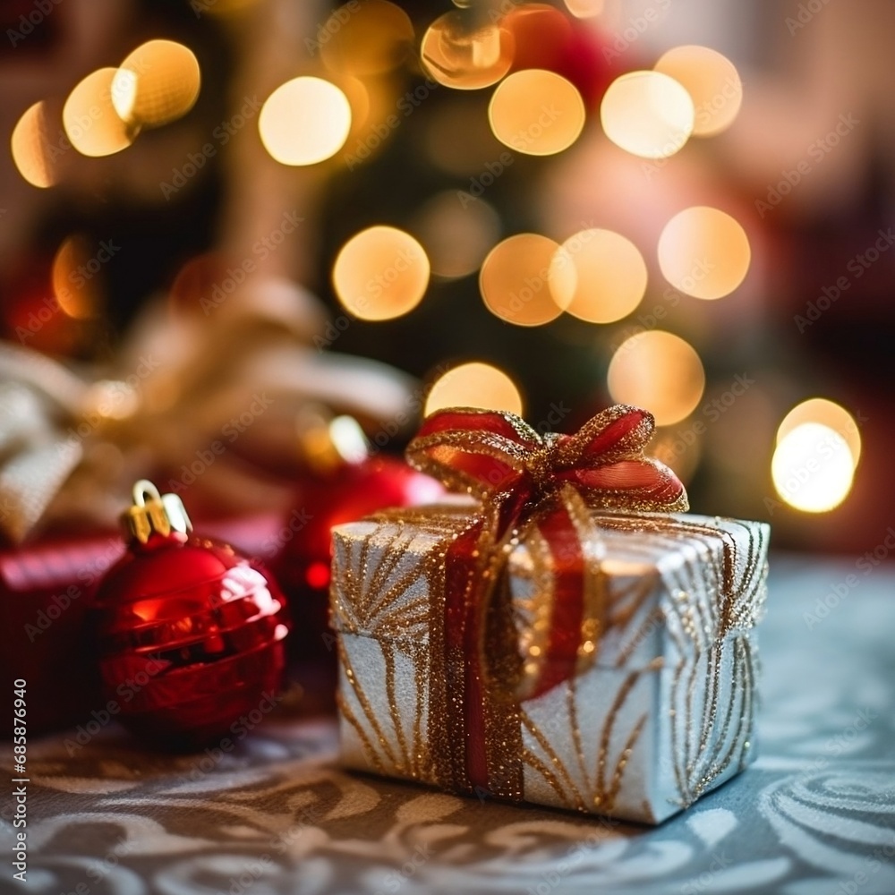 Festive indoor Christmas tree decoration with lights and ornaments.