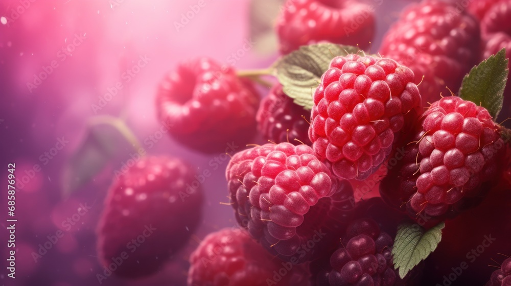 a close up of a bunch of raspberries with green leaves on a pink and purple background with a blurry light coming from the top of the image. a close up of a bunch of raspberries with green leaves on a pink and purple background with a blurry light coming from the top of the image.