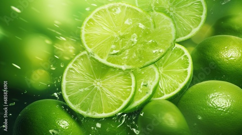  a pile of limes sitting next to each other on top of a pile of other limes in front of a green background with drops of water on top of them.