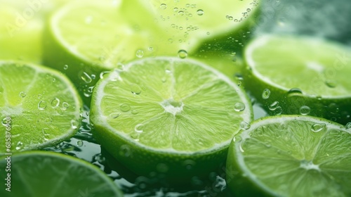  a bunch of limes that are sitting in a bowl of water with drops of water on the top and bottom of the slices of the limes on the bottom of the bowl. © Jevjenijs