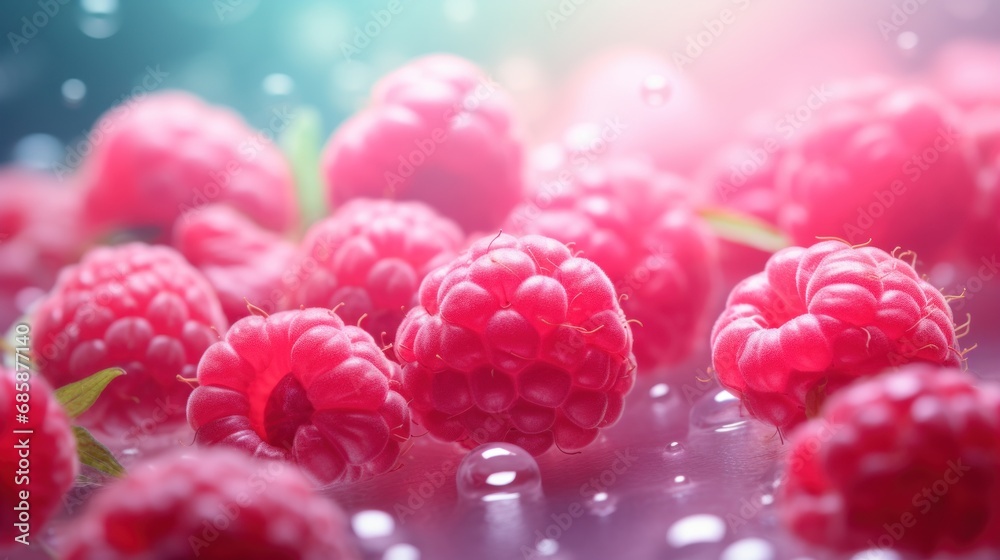 a bunch of raspberries sitting on top of a table next to a green leafy plant with drops of water on the top of the raspberries. a bunch of raspberries sitting on top of a table next to a green leafy plant with drops of water on the top of the raspberries.