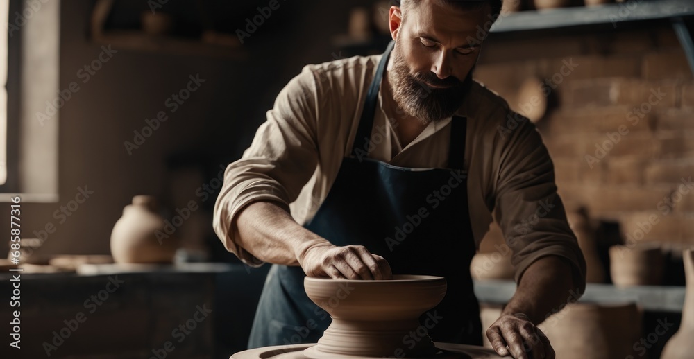Male master working on potter wheel, creates clay dishes. Ceramist bearded man making clay product on pottery wheel in his cozy artisan workshop studio. Small business, art, hobby, handcraft concept Male master working on potter wheel, creates clay dishes. Ceramist bearded man making clay product on pottery wheel in his cozy artisan workshop studio. Small business, art, hobby, handcraft concept