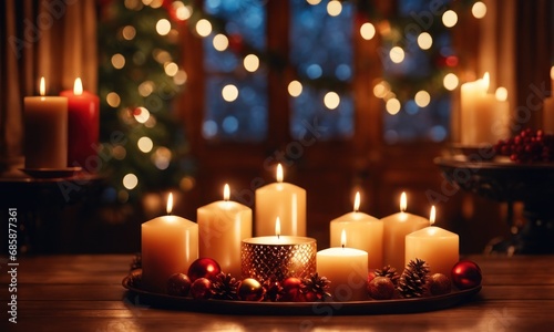A burning candle against the backdrop of a Christmas decoration with garlands of lights. Happy New Year and Merry Christmas. Romantic atmosphere  first date  Christmas eve miracle
