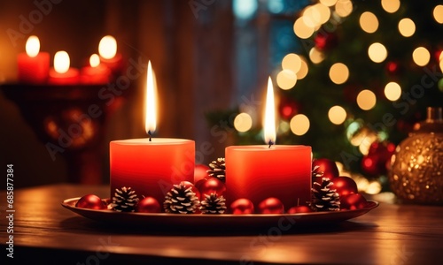A burning candle against the backdrop of a Christmas decoration with garlands of lights. Happy New Year and Merry Christmas. Romantic atmosphere  first date  Christmas eve miracle