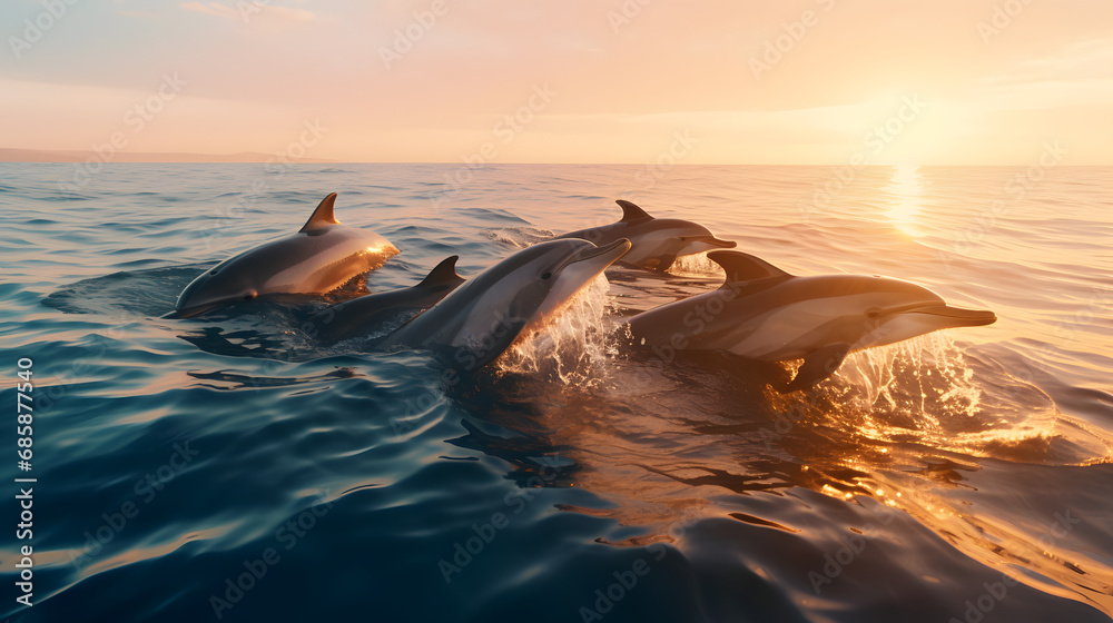 A pod of dolphins swimming gracefully in the open sea. - obrazy, fototapety, plakaty 