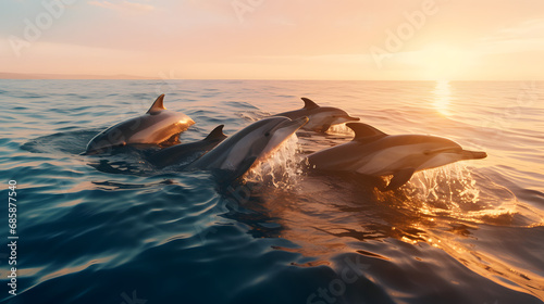 A pod of dolphins swimming gracefully in the open sea.