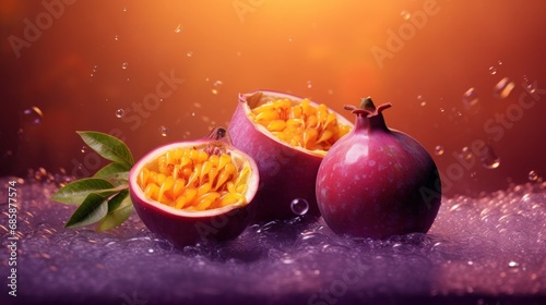  two halves of a pomegranate with leaves on a purple surface with drops of water on the surface and a green leaf on the top of the pomegranate.