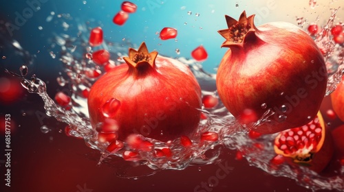  a group of pomegranates with water splashing around them on a blue and red background with water splashing around the pomegranates.