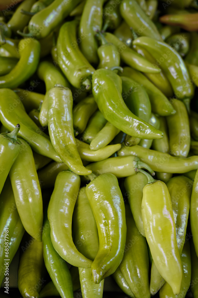 Top down view of freshly harvested, clean and ready to be used green pepper, vertical Top down view of freshly harvested, clean and ready to be used green pepper, vertical