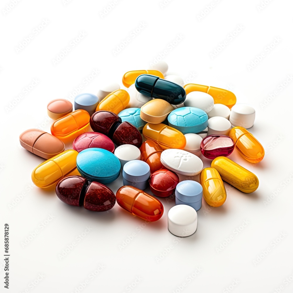 Pills capsules colorful medical on white background