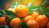  a bunch of oranges sitting on top of each other with green leaves on the top of the picture and water droplets on the oranges on the top of the oranges.