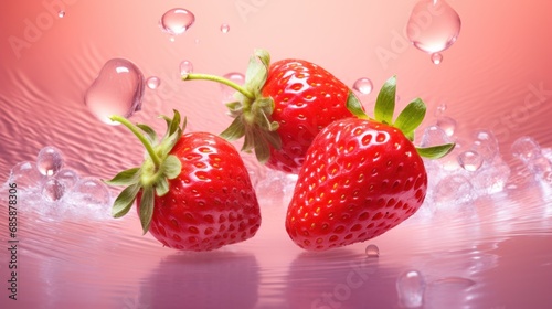  three strawberries splashing into the water on a pink background with drops of water on the bottom of the strawberries and on the bottom of the strawberries.
