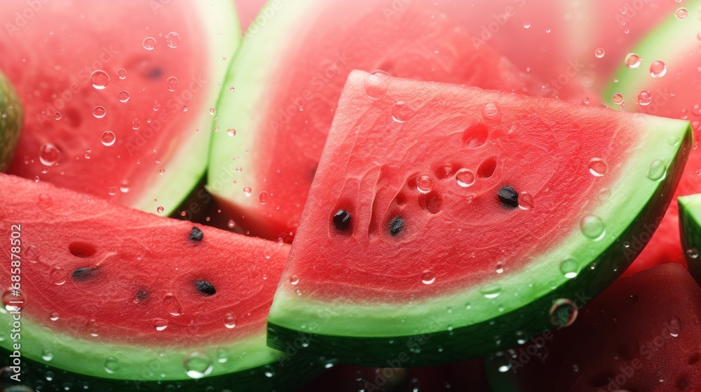 a group of slices of watermelon sitting on top of a pile of watermelon slices with drops of water on the top of the whole watermelon. a group of slices of watermelon sitting on top of a pile of watermelon slices with drops of water on the top of the whole watermelon.