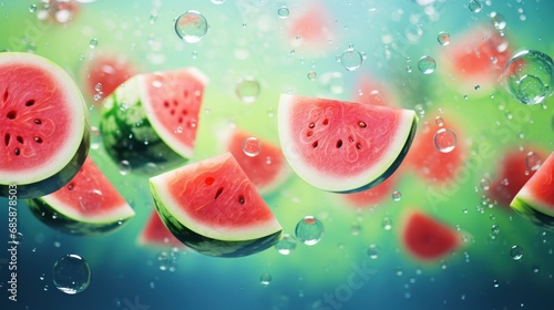  a group of slices of watermelon on a window with drops of water on the glass and a blurry background of the image of the whole watermelon.