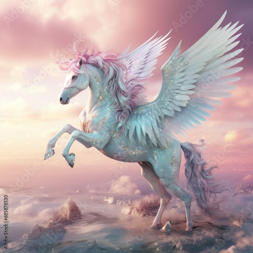 Rendering magical, mythical winged pegasus unicorn horse fantasy pastel background. AI generated image