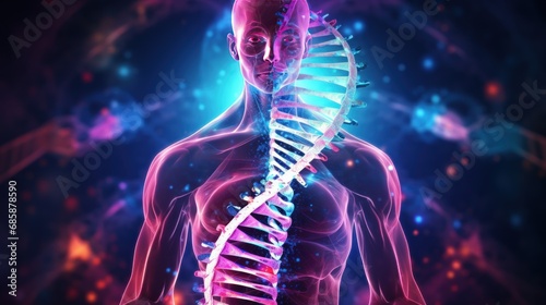 3d rendering illustration human DNA anatomy with neon light. AI generated image