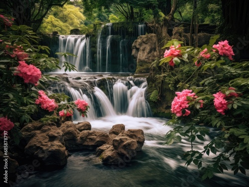 Blurred Motion of Flowing Water in a Lush Forest Landscape
