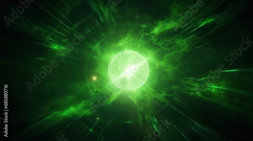 Abstract green light overlays burst effect with digital lens flare. AI generated image