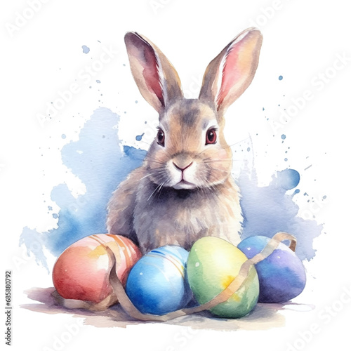 easter background - a bunny surrounded from easer eggs in watercolor painting design isolated against transparent background photo