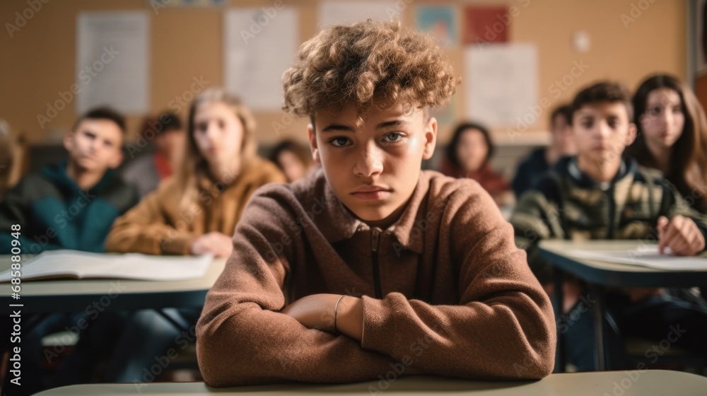 In a classroom scene, a solitary teen boy sits alone at a table, his eyes reflecting a somber mood as he faces the camera. In a classroom scene, a solitary teen boy sits alone at a table, his eyes reflecting a somber mood as he faces the camera.