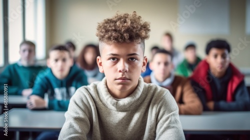 A sense of isolation is conveyed as a sad teen boy sits alone at a table in a classroom, looking at the camera.