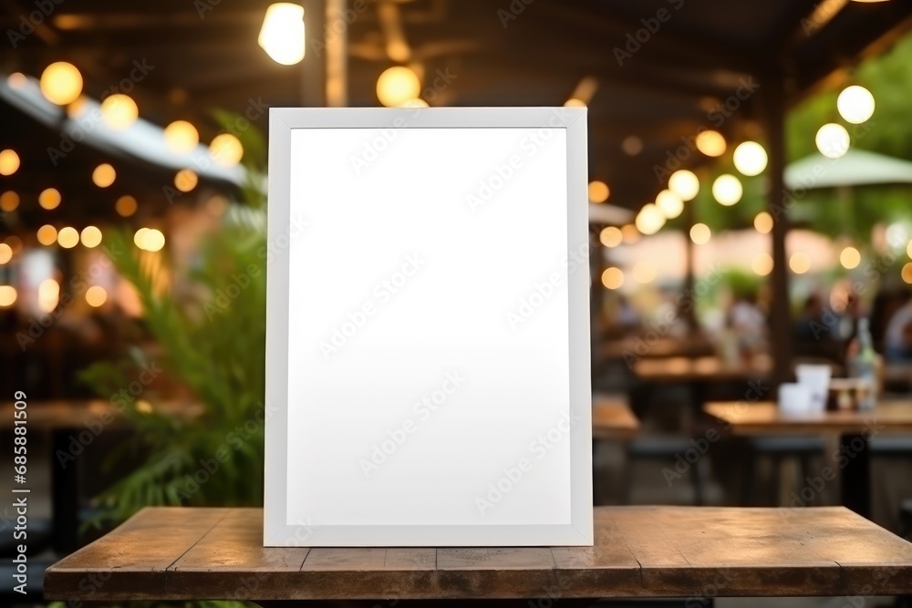 mockup white poster with black frame stand in front of cafe. Present promotion product concept. Clear street signage board placed by an outdoor of a restaurant. mockup white poster with black frame stand in front of cafe. Present promotion product concept. Clear street signage board placed by an outdoor of a restaurant.