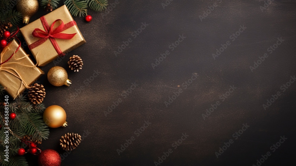 Christmas dark black background with beautiful texture and Golden gift box with red ribbon, fir branches, cones, Christmas tree toys stars with generative ai Christmas dark black background with beautiful texture and Golden gift box with red ribbon, fir branches, cones, Christmas tree toys stars with generative ai