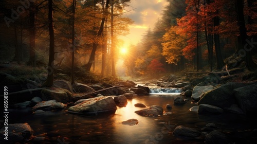 Tranquil Autumn Forest with Reflecting River and Sunlit Trees