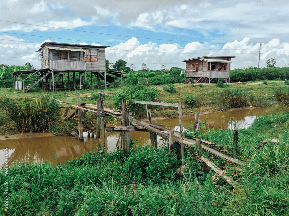 Typical wooden houses on stilts in Guyana