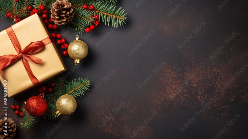 Christmas dark black background with beautiful texture and Golden gift box with red ribbon, fir branches, cones, Christmas tree toys stars with generative ai Christmas dark black background with beautiful texture and Golden gift box with red ribbon, fir branches, cones, Christmas tree toys stars with generative ai