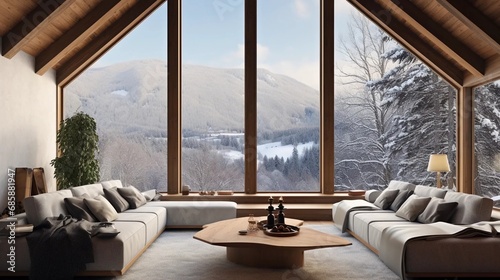 A room with a large window and a view of the forests and mountains  a comfortable  cozy and modern interior of a luxurious apartment