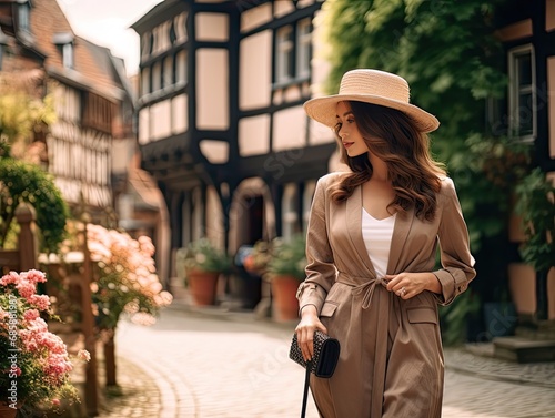 A Smiling Young Woman in a City, Wearing a Hat and Fashionable Clothes7