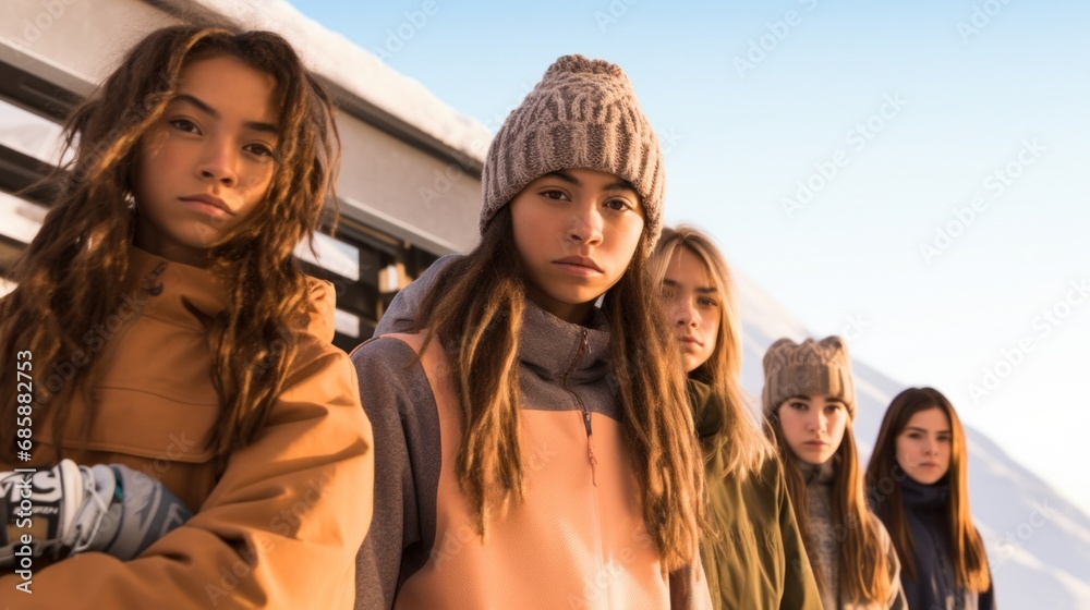 Winter joy: teens and snowboards in mountains. Winter joy: teens and snowboards in mountains.