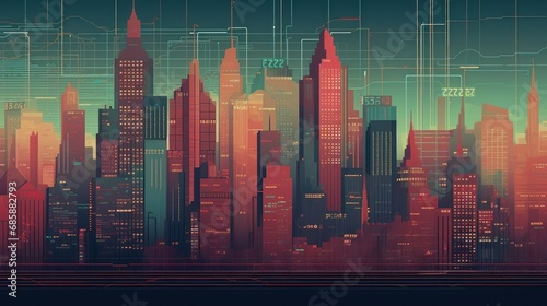 Modern cityscape with buildings and skyscrapers. Megapolis. Cityscape with skyscrapers and neon lights. Modern Smart City. Futuristic CIty of Future. Smart City Concept. Downtown. Skyscrapers.