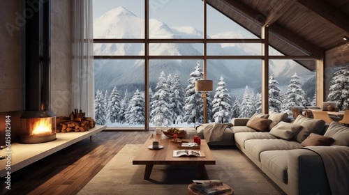Apartment with a view of snow-capped mountain peaks, modern interior with large windows © PhotoHunter