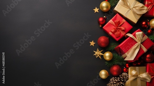 Christmas dark black background with beautiful texture and Golden gift box with red ribbon, fir branches, cones, Christmas tree toys stars with generative ai