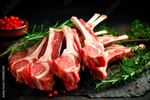 Raw fresh rack of lamb with green herbs on black background