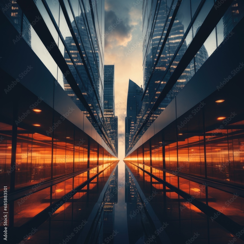 Fototapeta premium Futuristic City at Sunset with Illuminated Skyscrapers