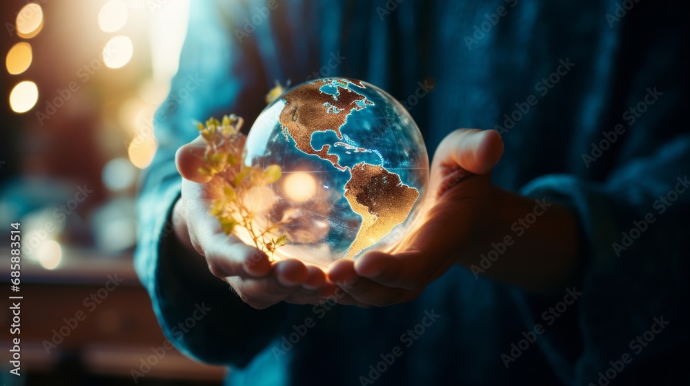Fototapeta premium Planet Earth in Hands of Man. Environmental Stewardship Concept