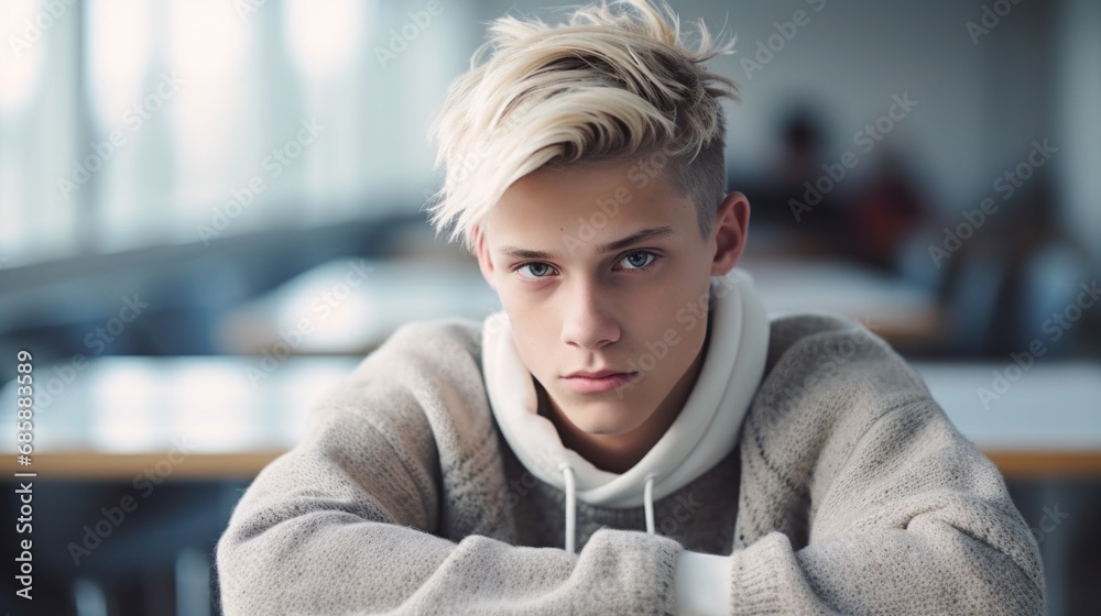 Capturing distress, a teen boy sits alone at a table in a classroom, making eye contact with the camera. Capturing distress, a teen boy sits alone at a table in a classroom, making eye contact with the camera.