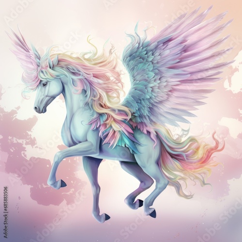 Realistic magical winged pegasus unicorn horse fantasy pastel background. AI generated image © saifur