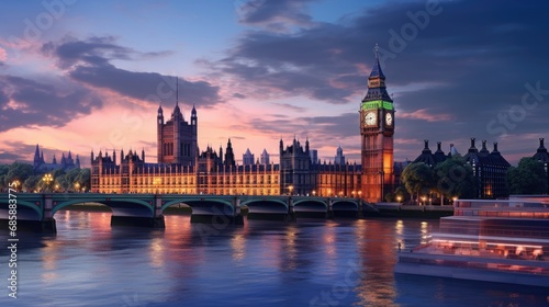 Illuminated Clock Tower and Cityscape at Night with Reflection on Water