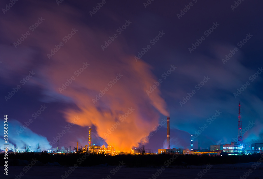 Abstract industrial landscape with smoke and lights