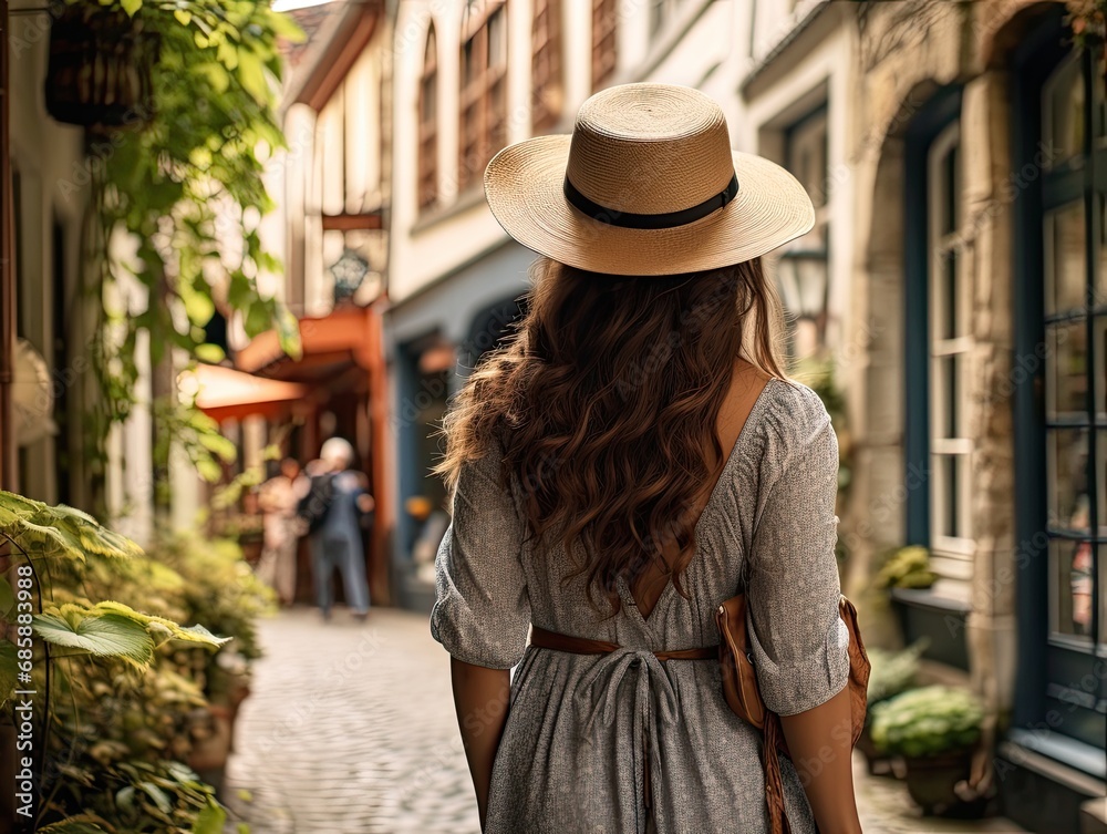 Young Woman with Long Hair in Casual Clothing Walking Down a Spring Street