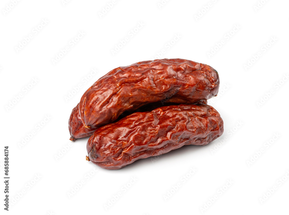 Dry Smoked Sausages Isolated, Salami Sticks, Kielbasa, Cabanossi, Kabanos, Dry Embutido, Chorizo, Bratwurst Dry Smoked Sausages Isolated, Salami Sticks, Kielbasa, Cabanossi, Kabanos, Dry Embutido, Chorizo, Bratwurst