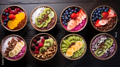 Acai bowls with colorful fruit toppings photo